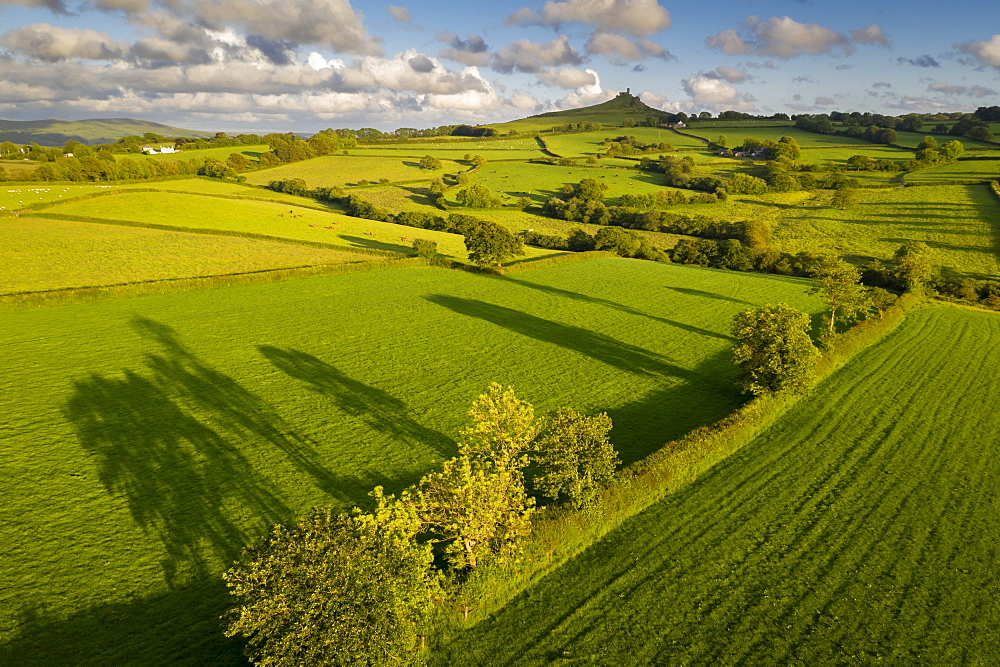 Aerial view by drone of beautiful rolling countryside near Brentor, Devon, England, United Kingdom, Europe