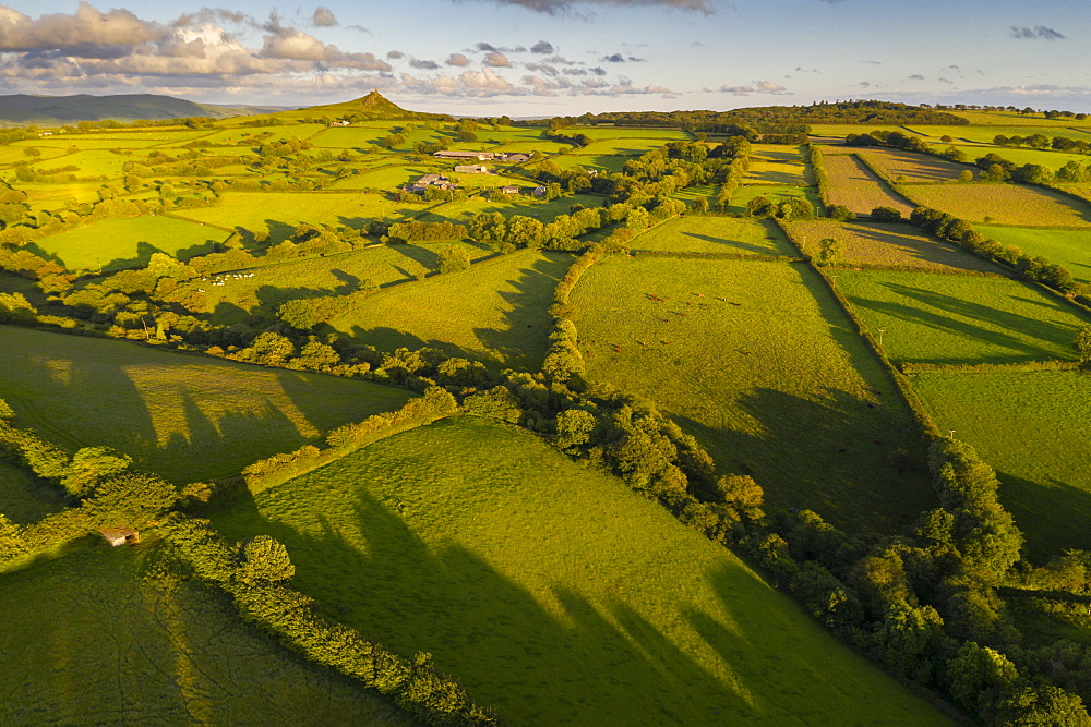 Aerial view by drone of rolling countryside near Brentor, Devon, England, United Kingdom, Europe