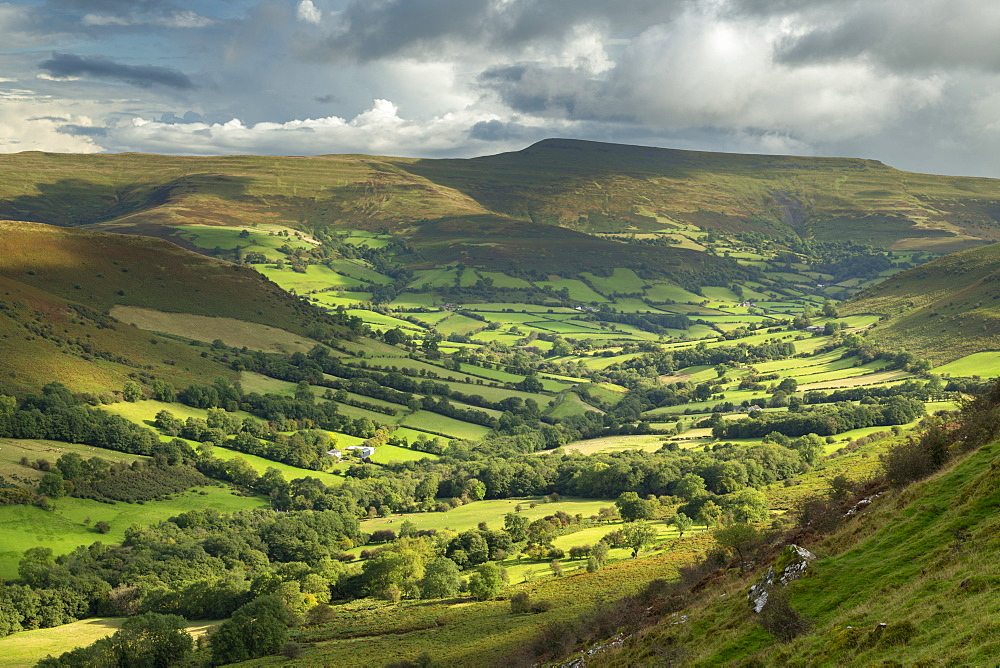 Beautiful rolling countryside beneath the Black Mountains, Brecon Beacons National Park, Powys, Wales, United Kingdom, Europe