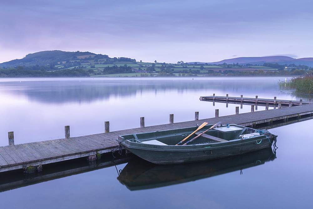 Tranquil dawn beside Llangorse Lake in the Brecon Beacons National Park, Powys, Wales, United Kingdom, Europe