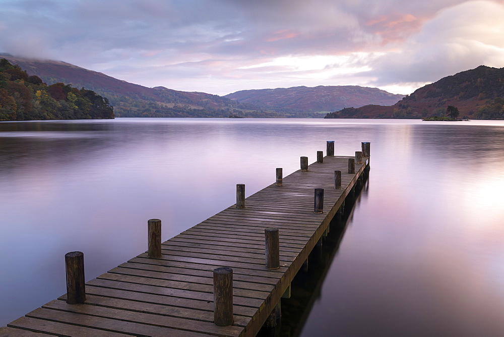 Wooden jetty on the shores of Ullswater at sunrise, Lake District National Park, UNESCO World Heritage Site, Cumbria, England, United Kingdom, Europe