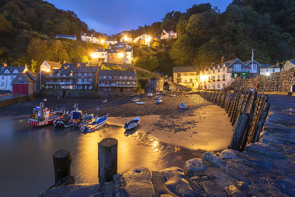 Night time view of Clovelly village in North Devon, England, United Kingdom, Europe