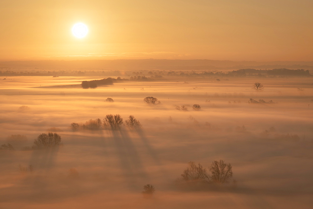 Sunrise over the mist covered Somerset Levels in winter, near Glastonbury, Somerset, England, United Kingdom, Europe