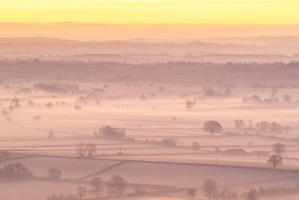 Dawn over the mist shrouded countryside of the Somerset Levels in winter, Glastonbury, Somerset, England, United Kingdom, Europe