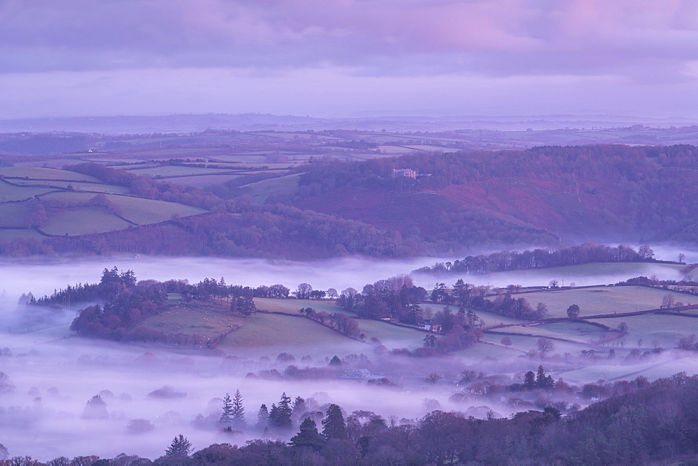 Mist shrouded Dartmoor countryside near Castle Drogo in winter, Dartmoor National Park, Devon, England, United Kingdom, Europe