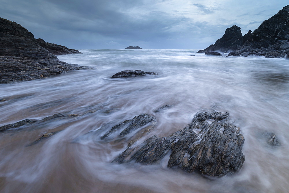 Stormy winter evening at Soar Mill Cove in the South Hams, Devon, England, United Kingdom, Europe