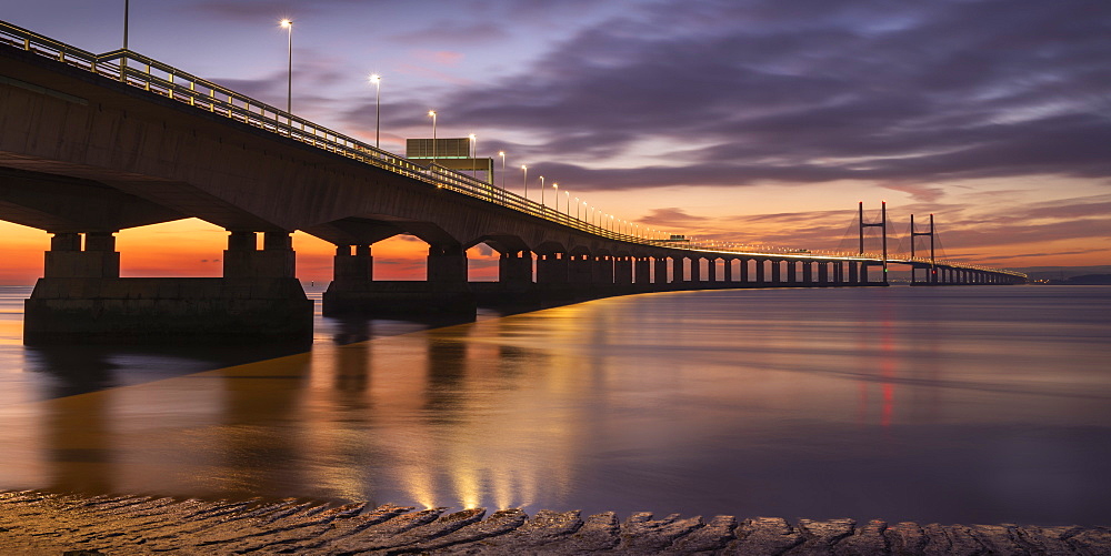 Twilight over an illuminated Prince of Wales Bridge, Gloucestershire, England, United Kingdom, Europe