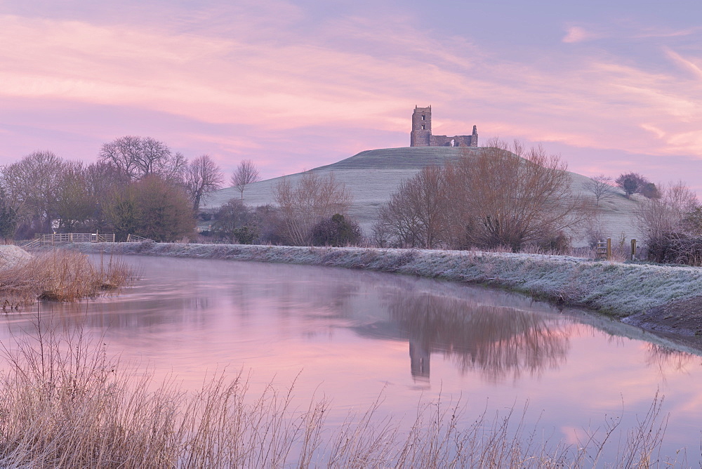 Church ruins on Burrow Mump at dawn on a frosty winter morning, Somerset, England, United Kingdom, Europe