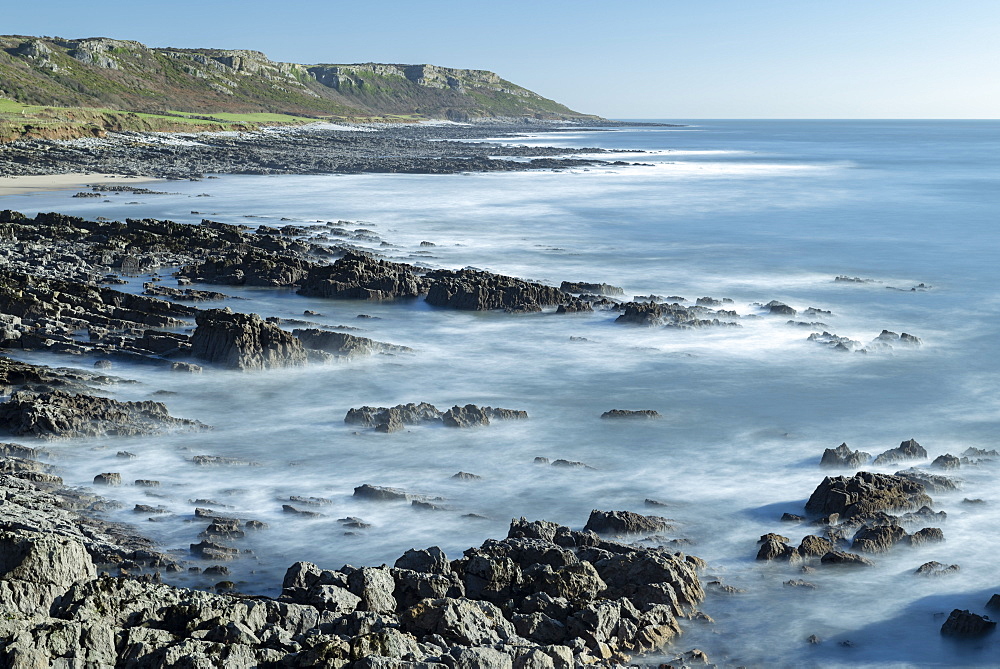 Limestone ledges at Slade Sands on the Gower in winter, South Wales, United Kingdom, Europe