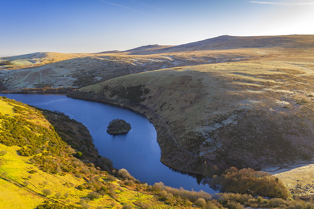 Aerial vista by drone in winter over Meldon Reservoir on Dartmoor, Devon, England, United Kingdom, Europe