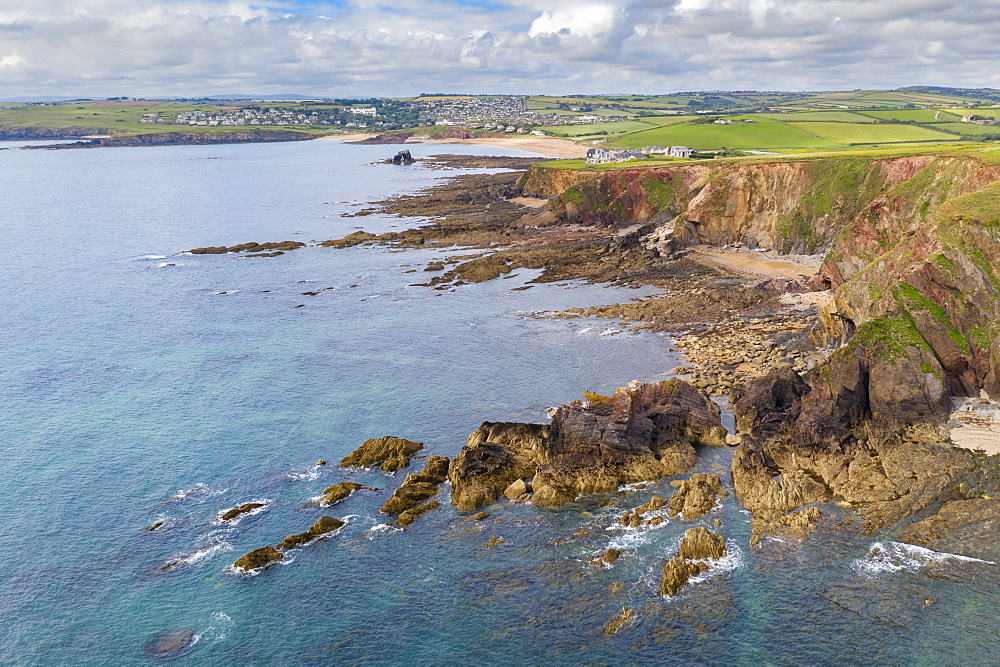 Aerial vista of Thurlestone Bay and village in the South Hams, Devon, England, United Kingdom, Europe