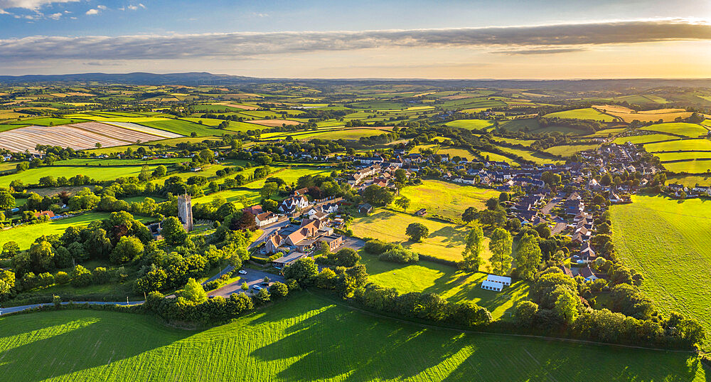 Aerial vista of the rural village of Morchard Bishop in summer, Devon, England, United Kingdom, Europe