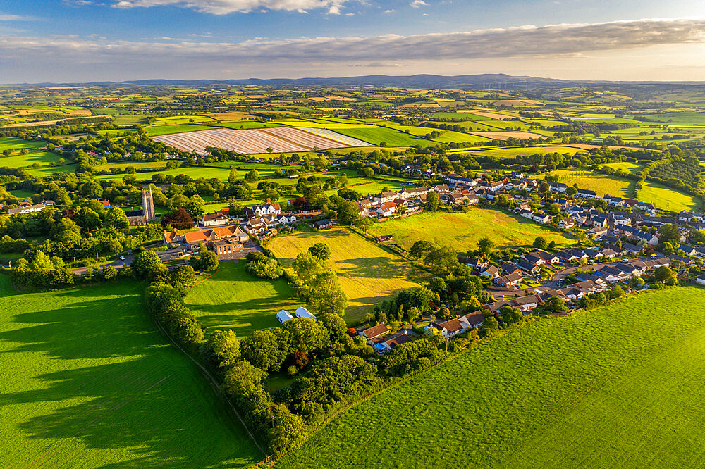 Aerial vista of the rural village of Morchard Bishop, Devon, England, United Kingdom, Europe