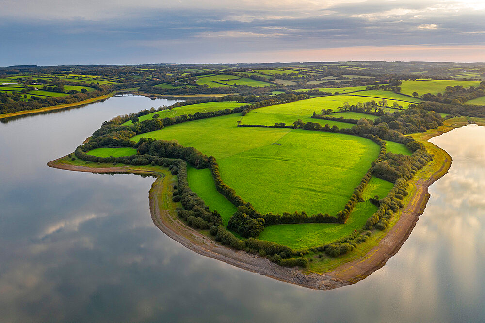 Aerial vista over Roadford Lake, Devon, England, United Kingdom, Europe