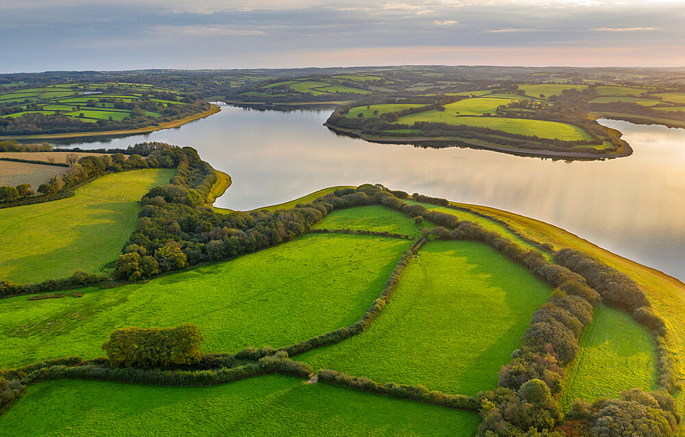 Aerial view of Roadford Lake Reservoir in autumn, West Devon, England, United Kingdom, Europe