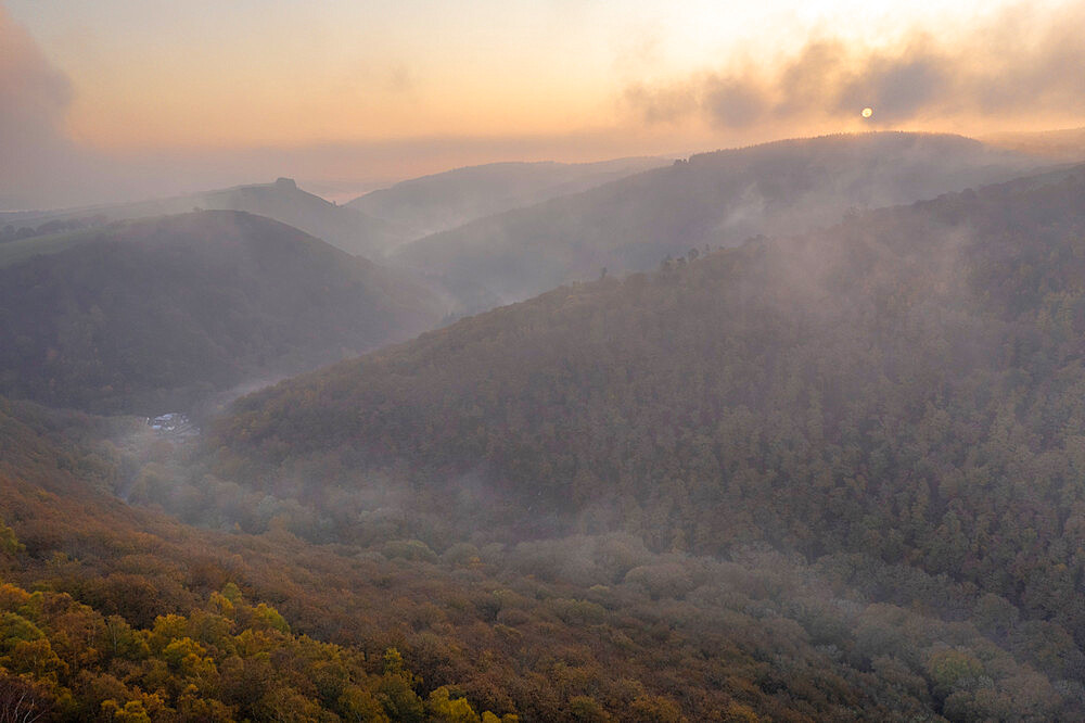 Fingle Bridge and the Teign Valley at dawn on a misty autumn morning, Dartmoor National Park, Devon, England, United Kingdom, Europe