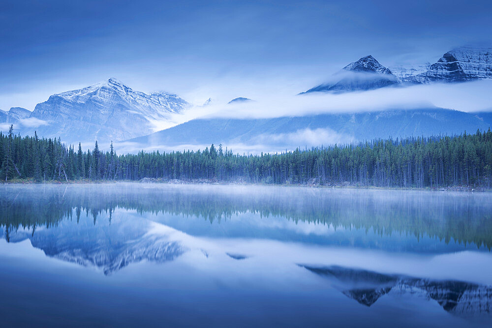 Moody misty morning at Herbert Lake in the Canadian Rockies, Banff National Park, UNESCO World Heritage Site, Alberta, Canada, North America