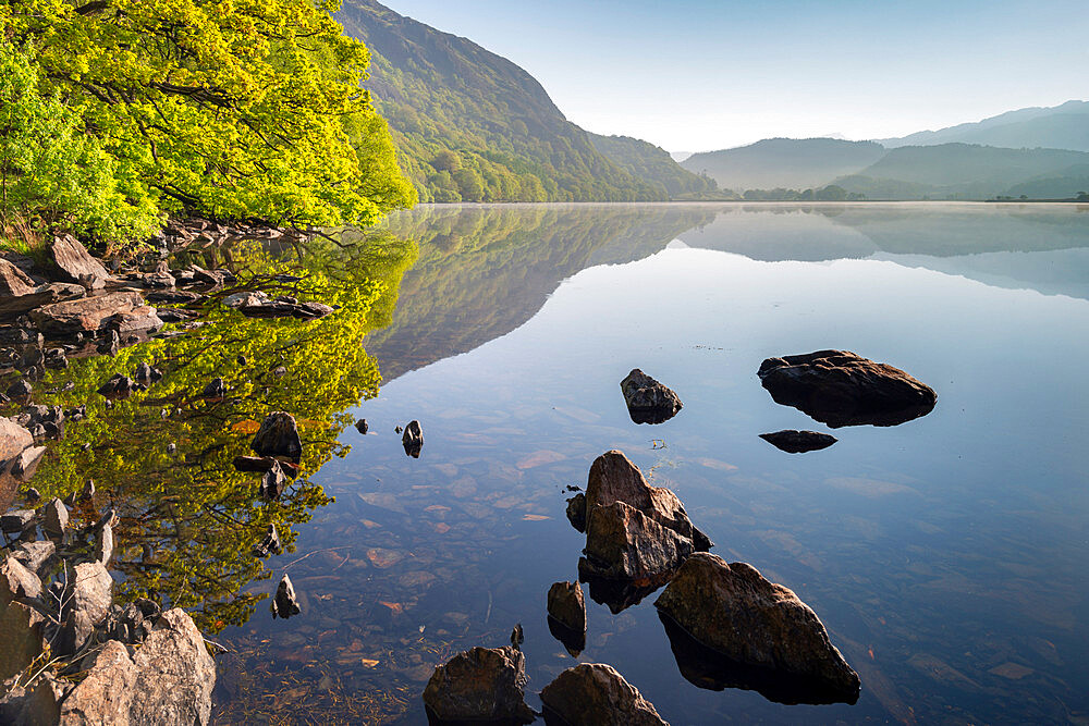 Peaceful Llyn Dinas on a still spring morning, Snowdonia National Park, Wales, United Kingdom, Europe