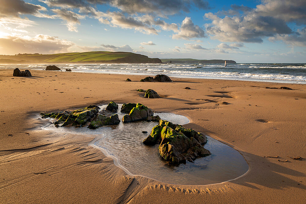 Beautiful Bigbury Beach at dawn in autumn, Bigbury-on-Sea, Devon, England, United Kingdom, Europe