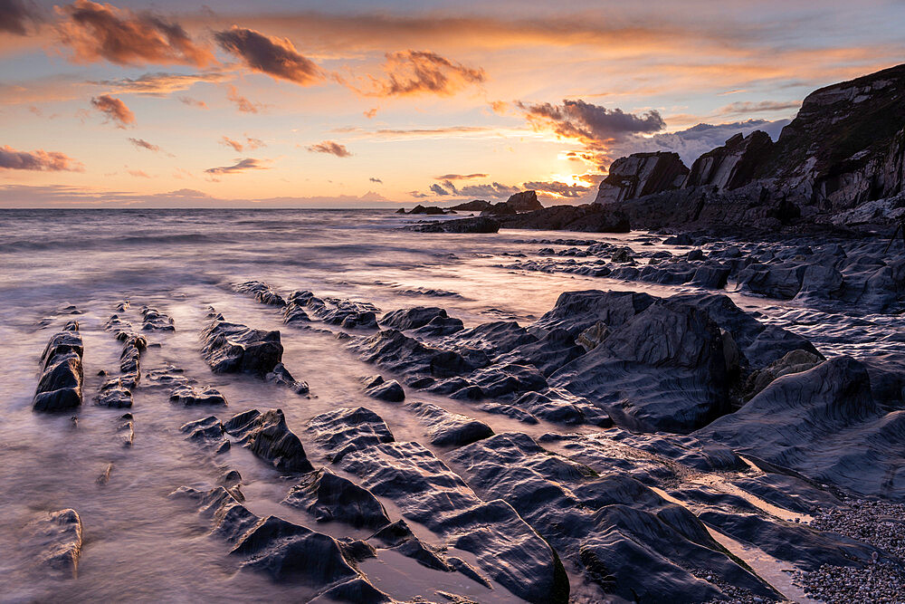 Sunset over Ayrmer Cove in the South Hams in autumn, South Devon, England, United Kingdom, Europe