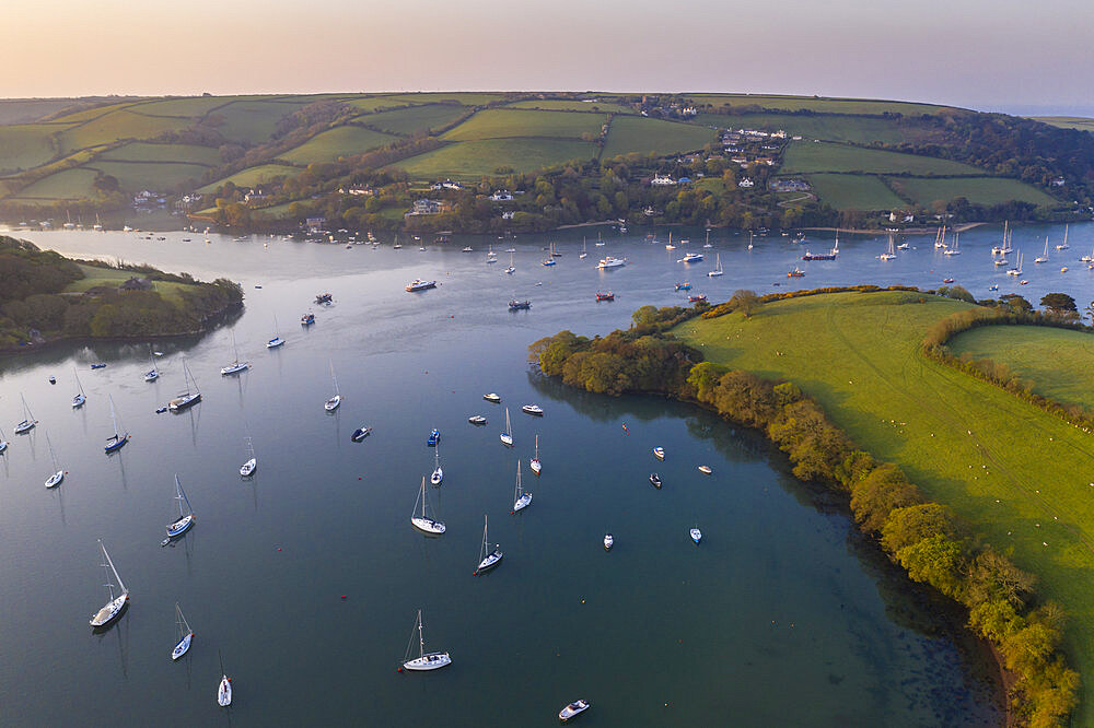 Aerial vista of the Kingsbridge Estuary at dawn in spring, Salcombe, South Hams, Devon, England, United Kingdom, Europe