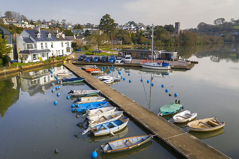 Boats on the pontoon in Stoke Gabriel in the South Hams, Devon, England, United Kingdom, Europe