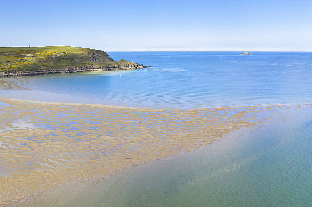 Aerial photograph of the Doom Bar emerging from the Camel Estuary at low tide in spring, Padstow, Cornwall, England, United Kingdom, Europe