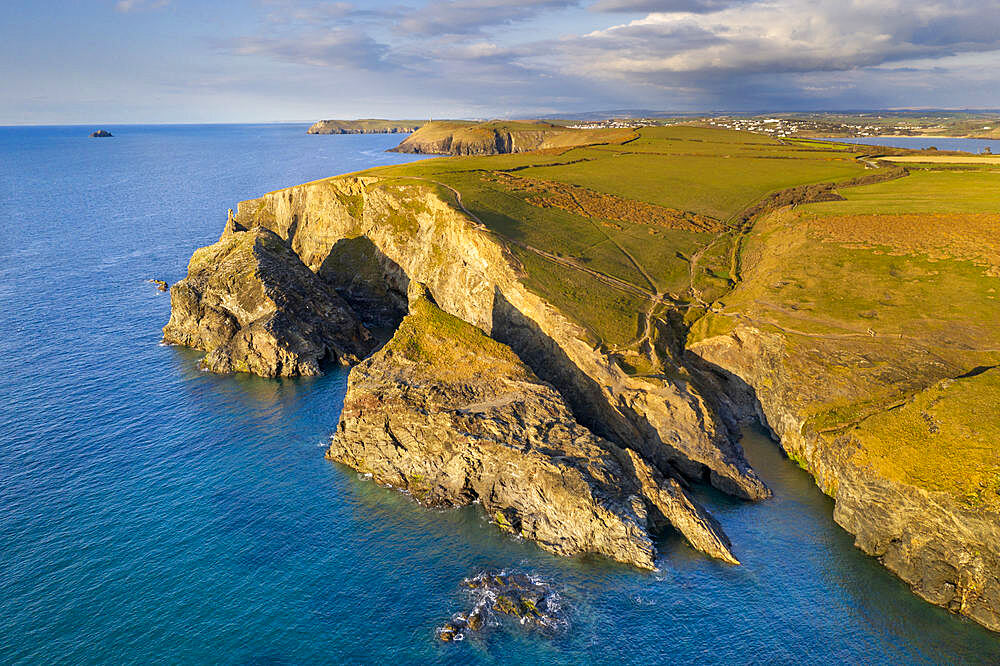 Aerial vista of Merope Islands and dramatic cliffs near Stepper Point in spring, Padstow, Cornwall, England, United Kingdom, Europe