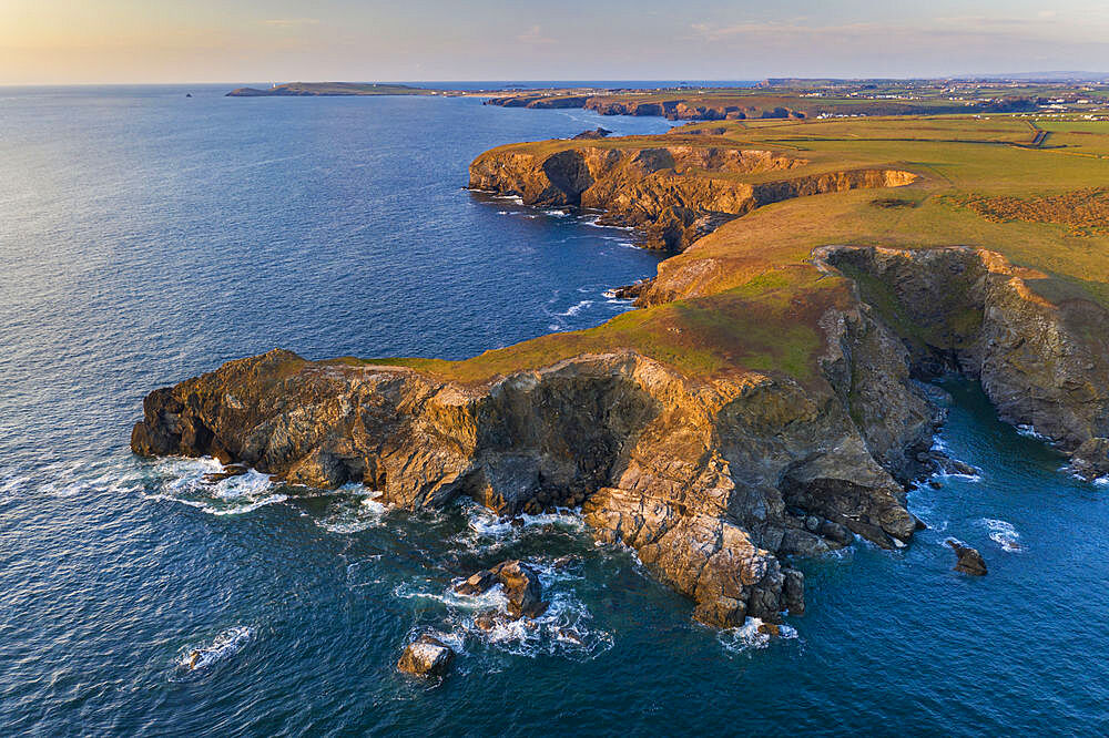 Aerial view of North Cornish rugged coastline in evening light in spring, Park Head, Cornwall, England, United Kingdom, Europe