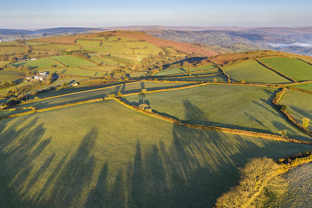 Aerial vista of rolling farmland near Chagford, Dartmoor National Park in spring, Devon, England, United Kingdom, Europe