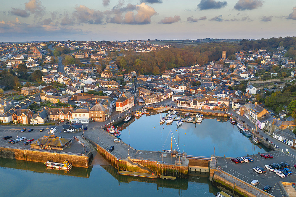 Aerial view of Padstow harbour at dawn in spring, Padstow, Cornwall, England, United Kingdom, Europe