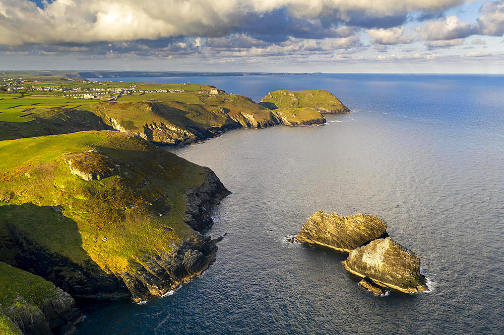 Aerial view of beautiful North Cornish coastline in spring near Tintagel, Cornwall, England, United Kingdom, Europe