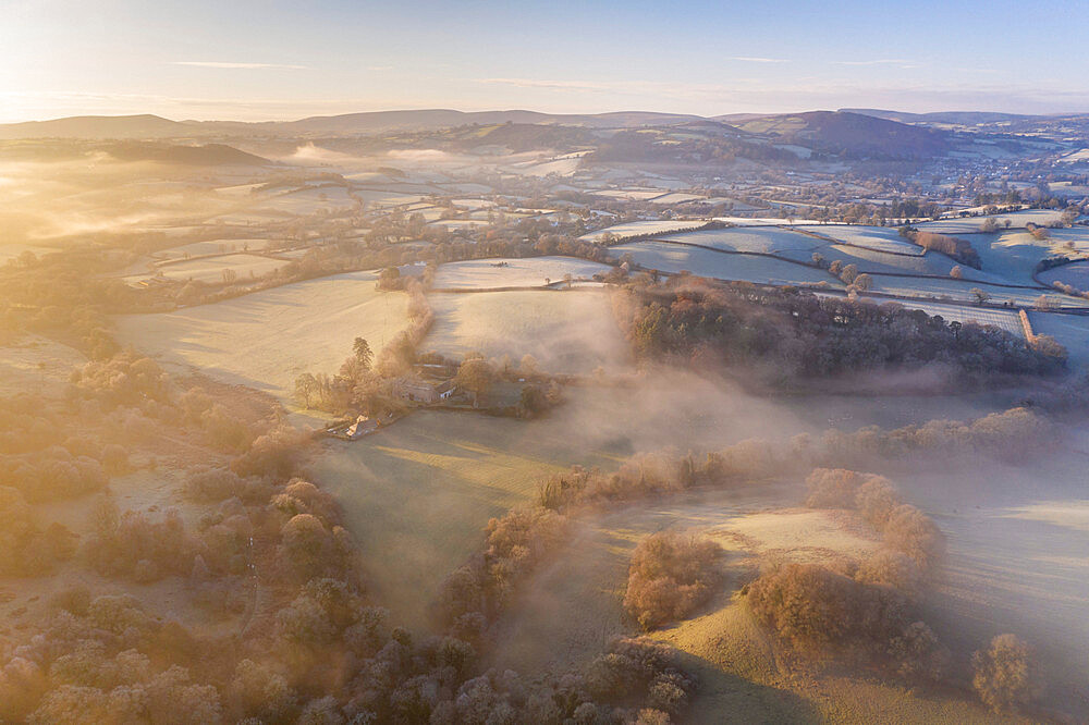 Frost and mist shrouded farmland on a chill winter morning, Dartmoor National Park, Devon, England, United Kingdom, Europe