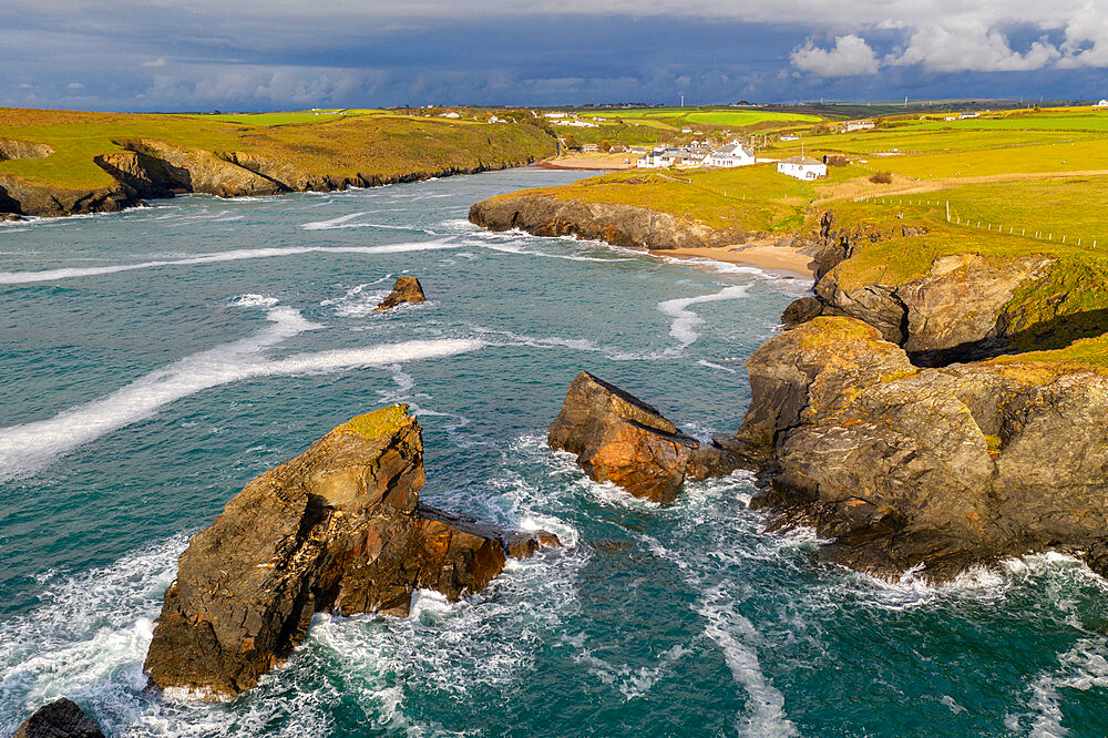 Aerial view of Porthcothan Bay on the North Cornwall coast, Cornwall, England, United Kingdom, Europe