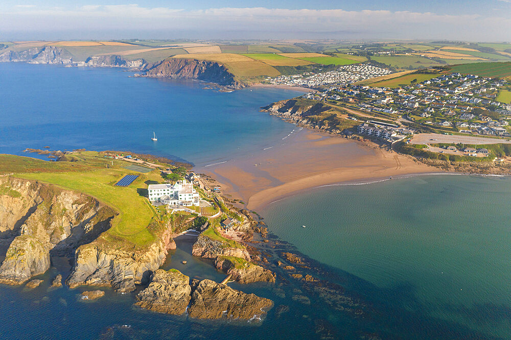 Aerial view of Burgh Island Hotel at Bigbury in the South Hams of Devon, England, United Kingdom, Europe