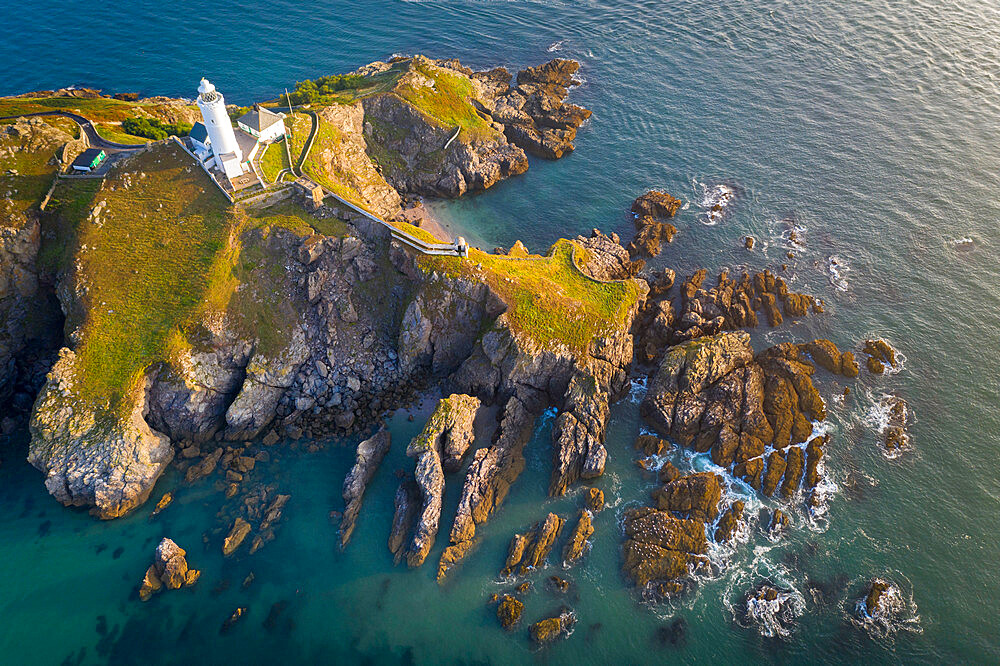 Aerial view of Start Point and lighthouse, South Hams, Devon, England, United Kingdom, Europe