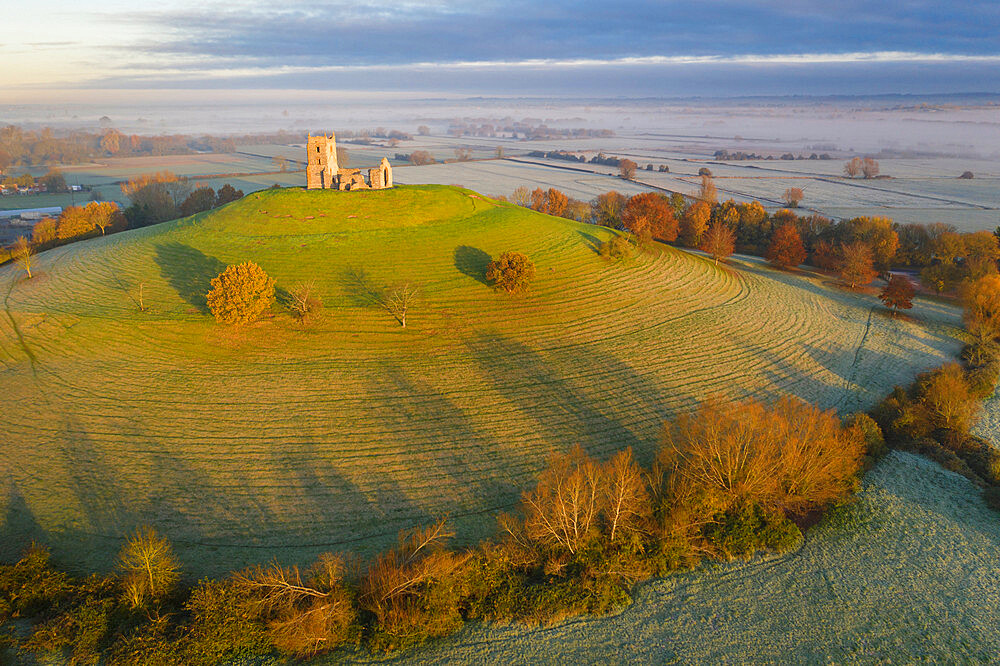 Aerial view of Burrow Mump Church on a beautiful autumn morning, Burrowbridge, Somerset, England, United Kingdom, Europe