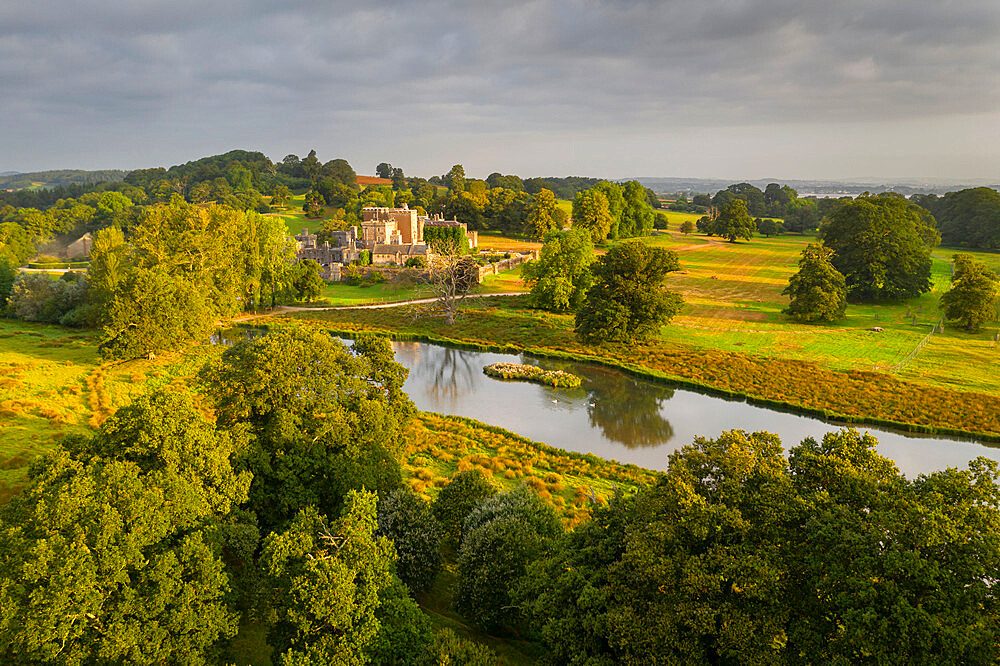 Aerial vista of Powderham Castle, Powderham, Devon, England, United Kingdom, Europe