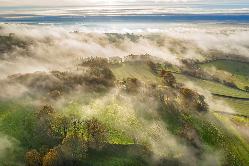 Misty autumn morning above Cadbury Castle Iron Age Hillfort, Cadbury, Devon, England, United Kingdom, Europe