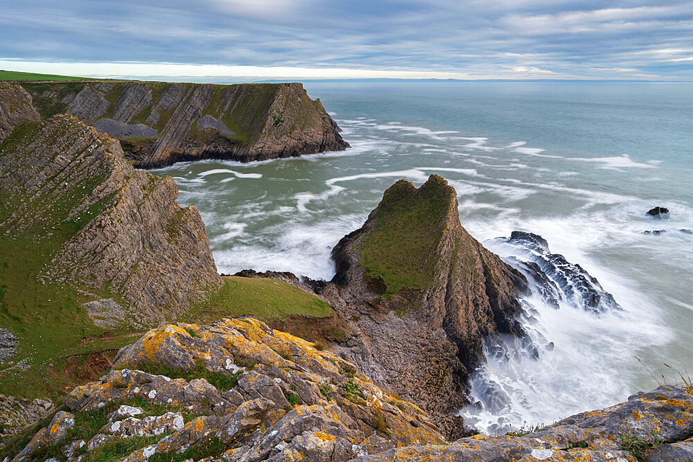 Dramatic cliffs on the Gower Peninsula coast in autumn, Wales, United Kingdom, Europe