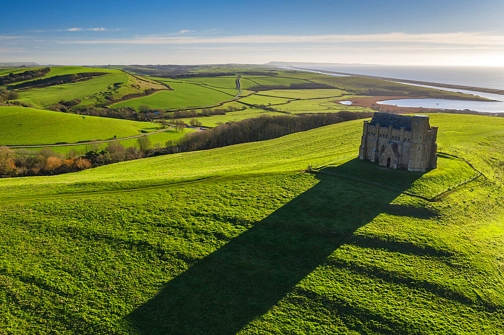 Aerial view of St. Catherine's Chapel near the village of Abbotsbury, Dorset, England, United Kingdom, Europe