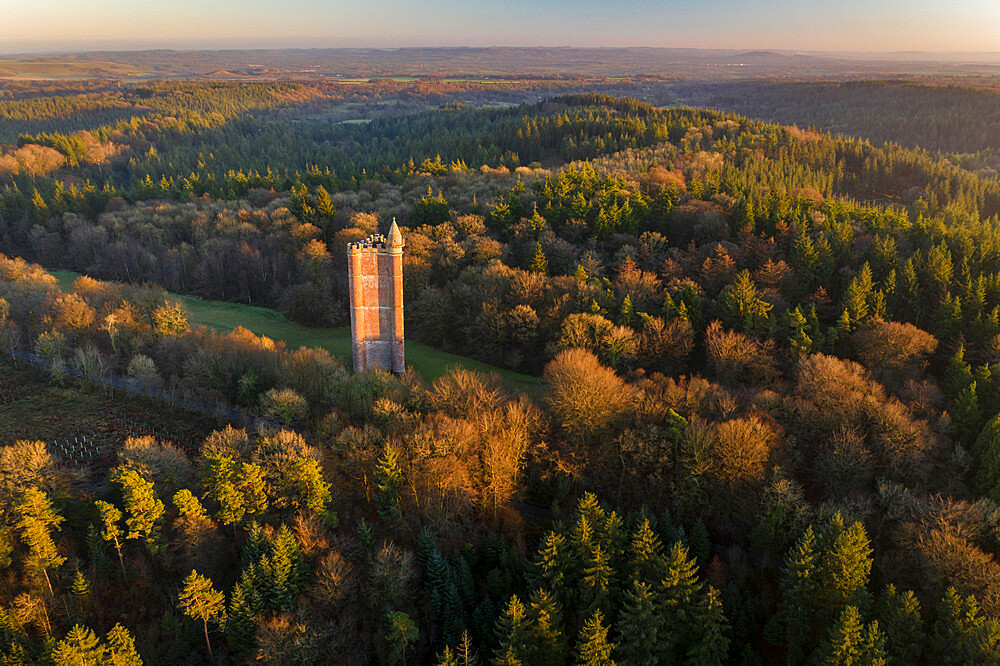 Aerial view of King Alfred's Tower, a folly near Stourhead, in winter, Somerset, England, United Kingdom, Europe