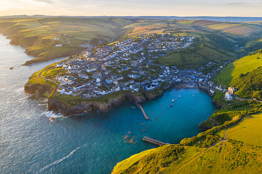 Aerial view of Port Isaac at dawn, Cornwall, England, United Kingdom, Europe