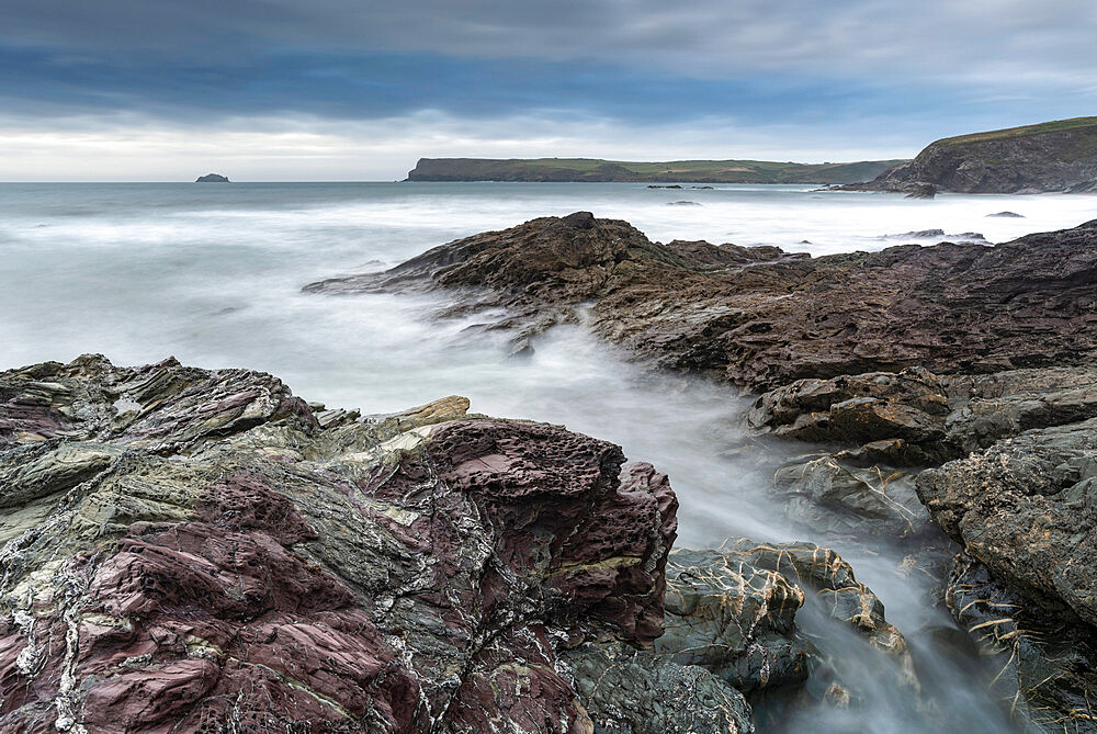 Rugged coastal geology near Polzeath in North Cornwall, England, United Kingdom, Europe