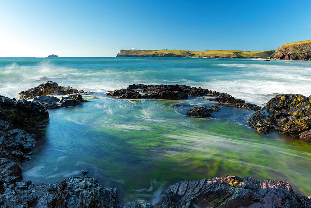 View towards Pentire Head from Greenaway Beach, Trebetherick, Cornwall, England, United Kingdom, Europe