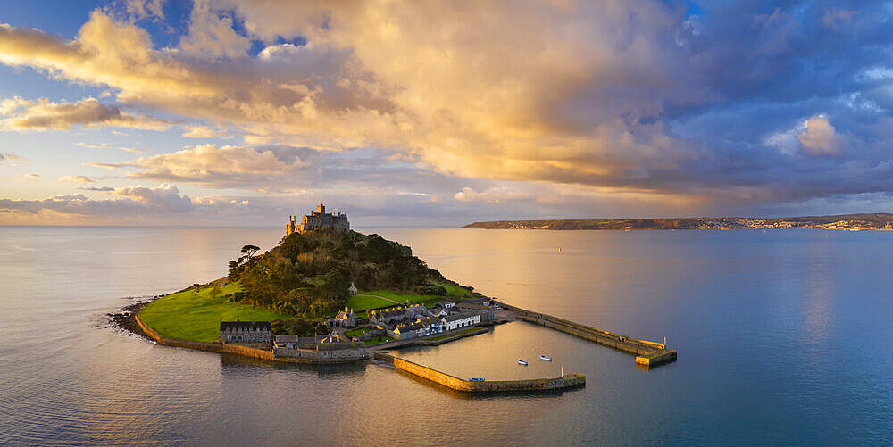 Aerial view of St. Michael's Mount at dawn, Marazion, Cornwall, England, United Kingdom, Europe