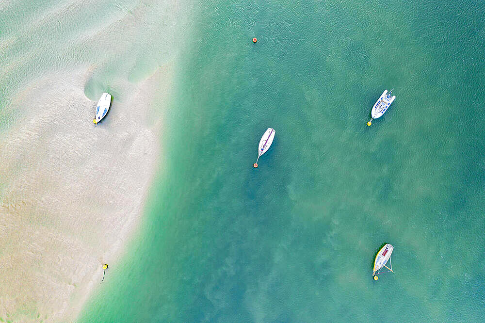 Aerial image of boats in the Camel Estuary near Rock, Cornwall, England, United Kingdom, Europe