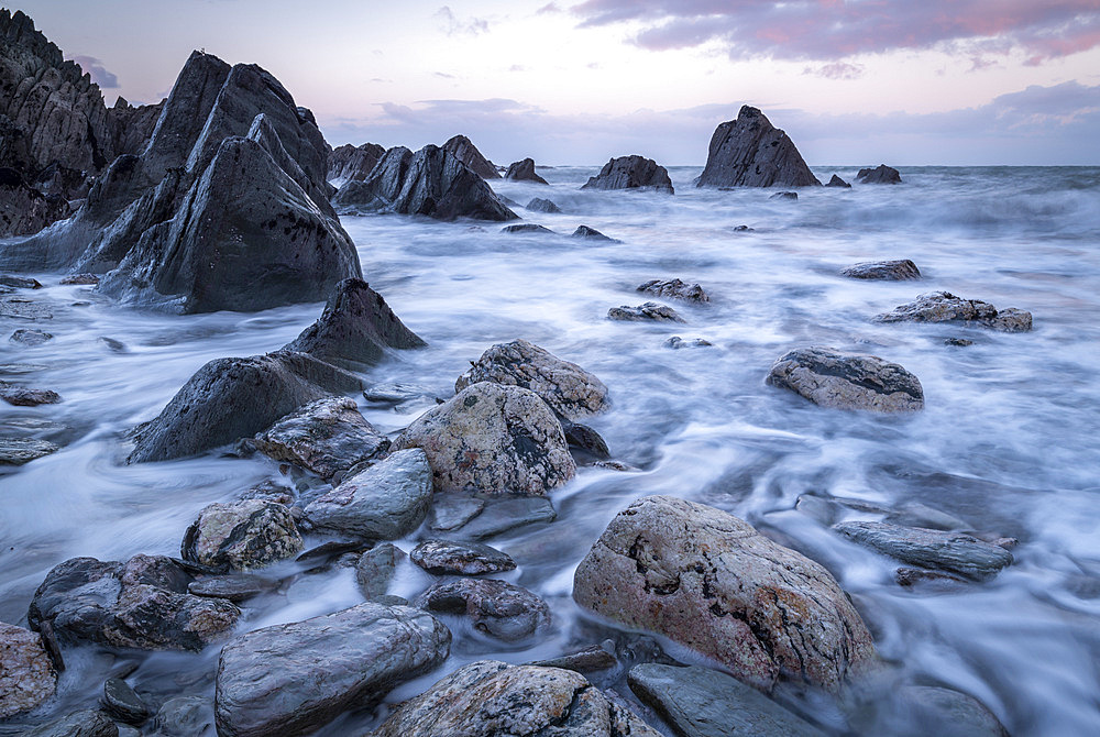 Dawn over the rugged coast of North Devon in winter, Devon, England, United Kingdom, Europe