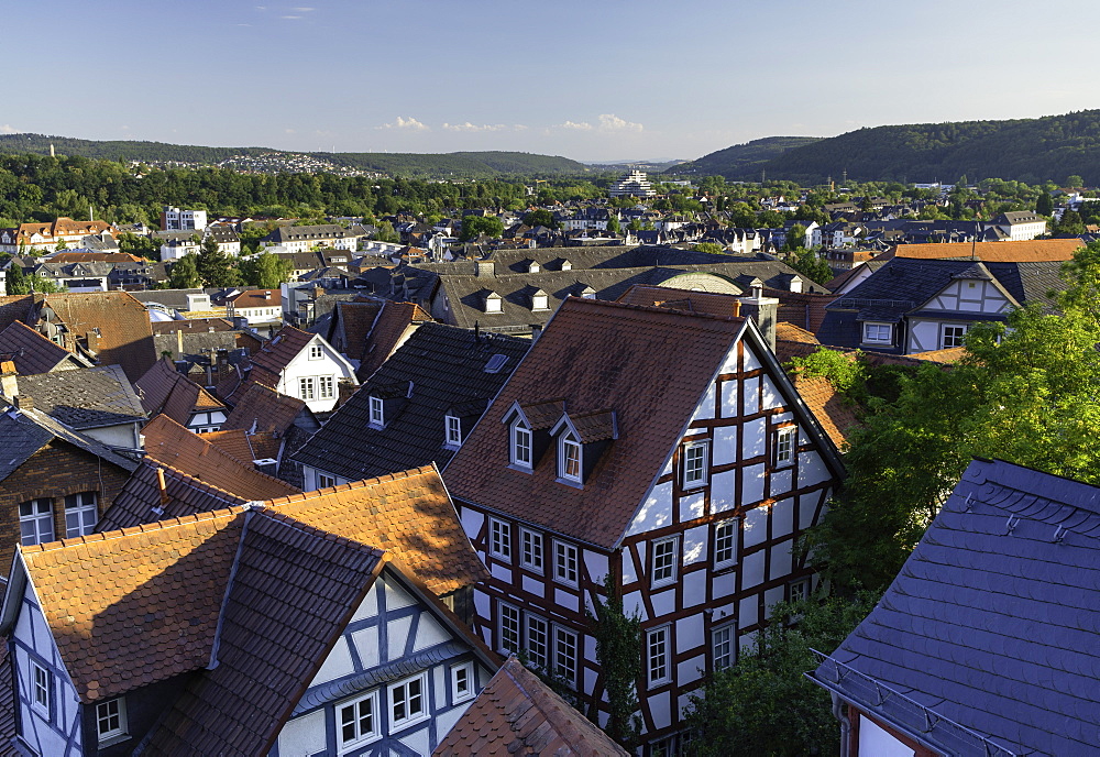 Half-timbered buildings and view of town, Marburg, Hesse, Germany, Europe