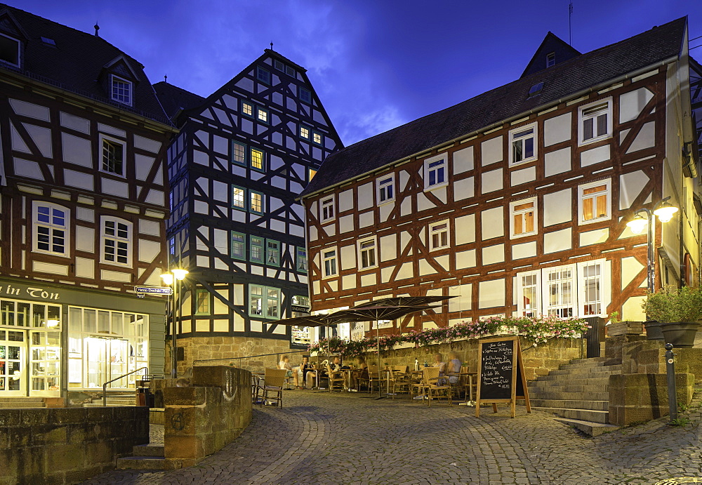 Half-timbered buildings at dusk, Marburg, Hesse, Germany, Europe